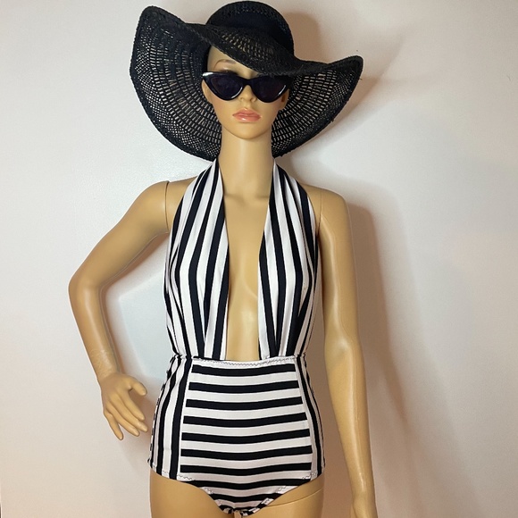 Bikiniboo Other - black white striped deep v high waisted swim suit!